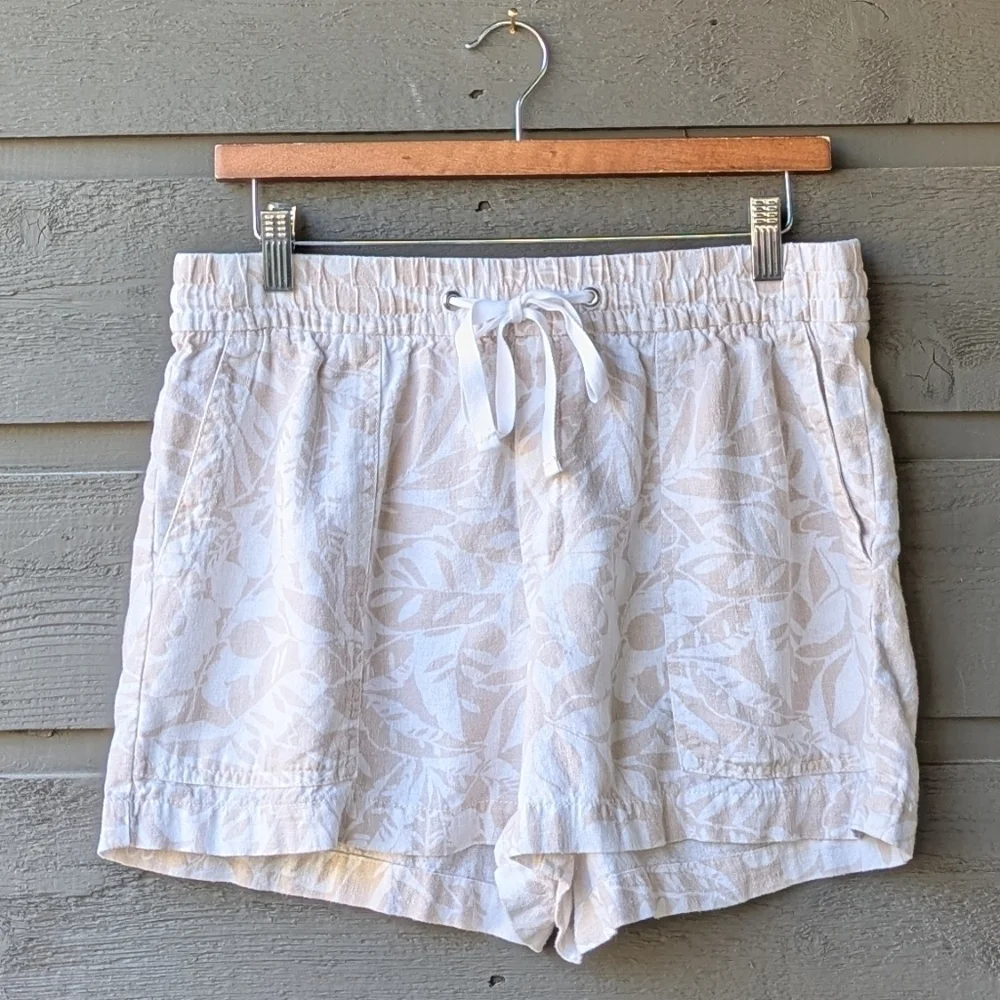 GAP Pull-On Utility Drawstring Linen Shorts White Tan Floral Pockets Small